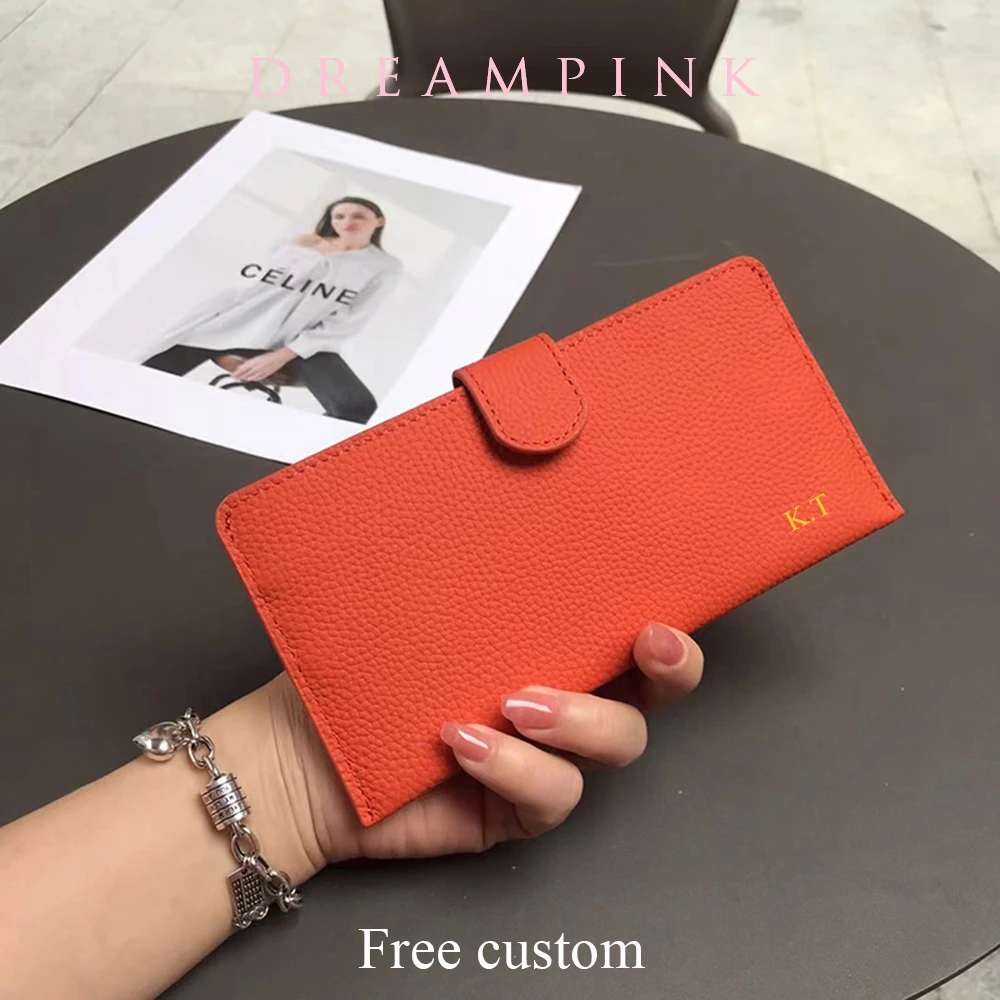 Cartera larga de lujo para mujer, bolso de mano pequeño de cuero genuino con letras personalizadas, monedero para teléfono móvil a la moda con nombre personalizado