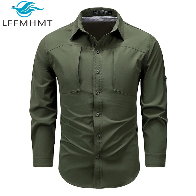 

Мужская рубашка-карго с длинным рукавом, однотонная, простая, базовая, повседневная, для работы, с двойным карманом на молнии, весна 2026, для взрослых