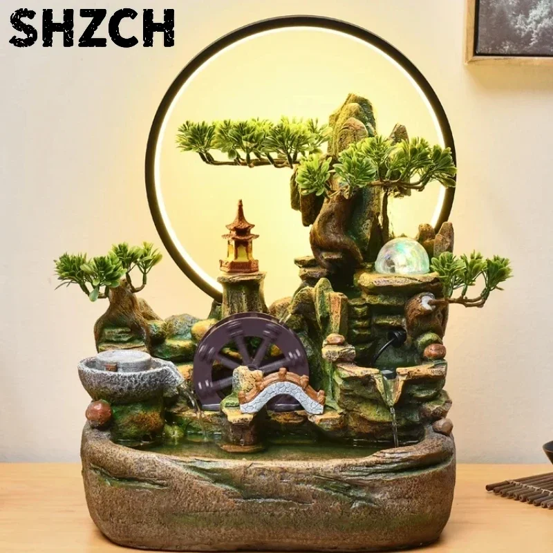 Indoor Fountain with Fish Tank Feng Shui Resin Waterwheel Relaxing Fog Water Feature for Home & Office Décor Water Feature