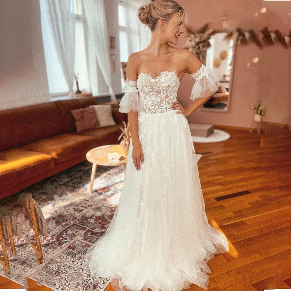 

Msikoods Princess Boho Wedding Dress Sweetheart Lace Appliques Beach Tulle Bridal Gowns Robe De Mariee Backless Bride Dress