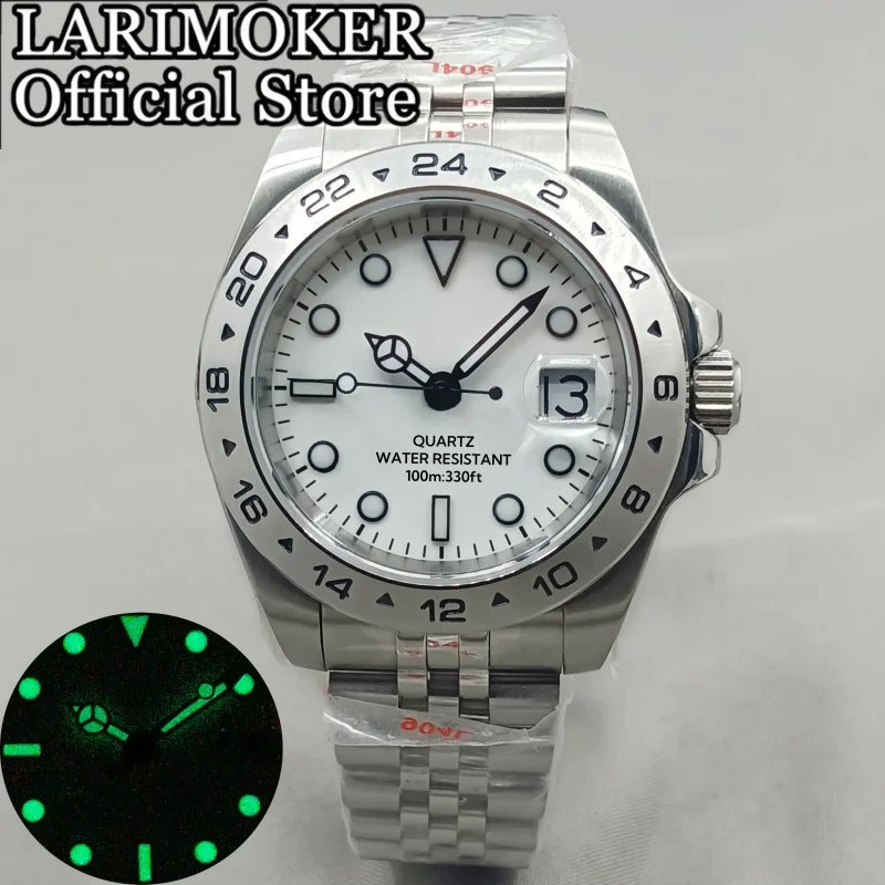 LARIMOKER New Sapphire Glass Stainless Steel Silver Watch Case Men's Luxury Ronda 515-24H Quartz Movement 100m Diving Watches