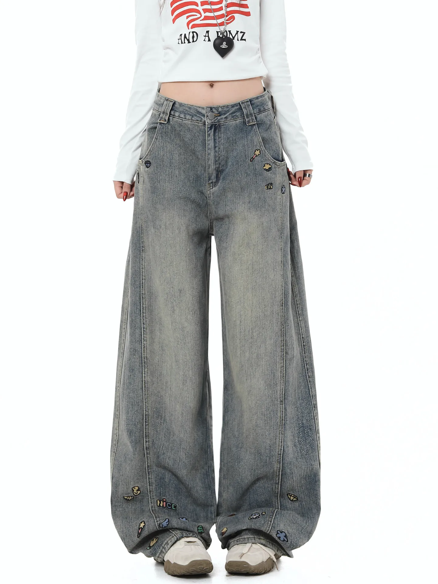 

American Sle Cartoon Denim Pants Women's Spring Autumn Loose Slimming Drapey Casual Straight Leg Wide Leg Knife Pants