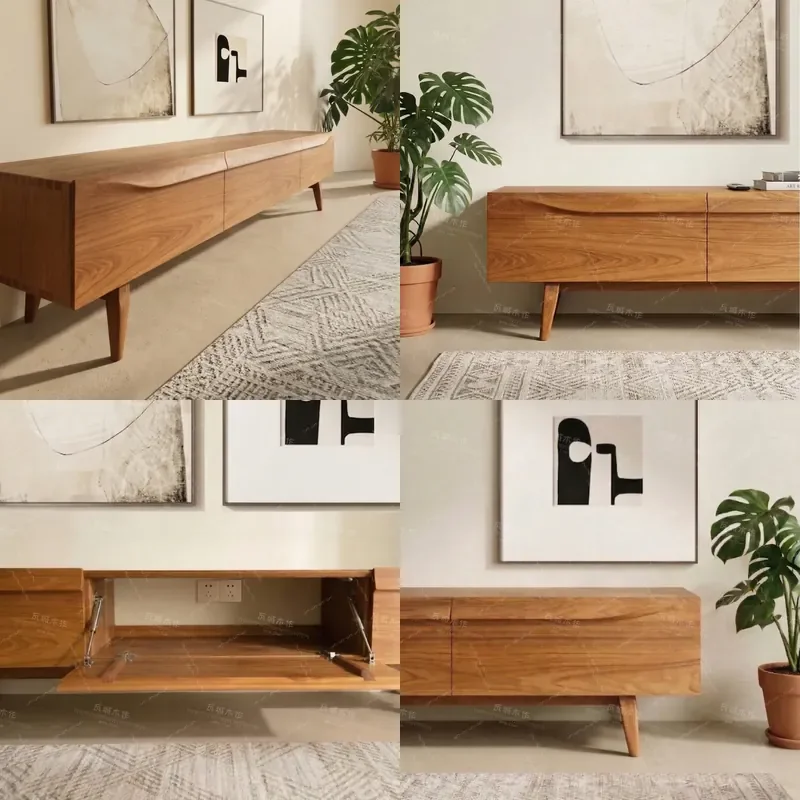 For Myanmar Wacheng Teak Log TV Cabinet North American Black Walnut Song Aesthetic Villa Living Room Wall Mounted Storage