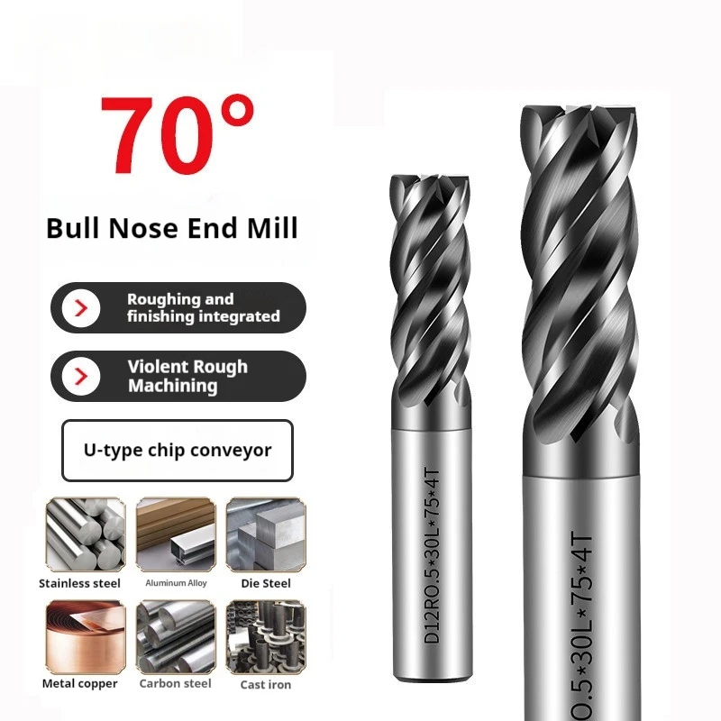 

4-флейтовая концевая фреза с ЧПУ Bullnose HRC70 Резак из карбида вольфрама для обработки металла из нержавеющей стали