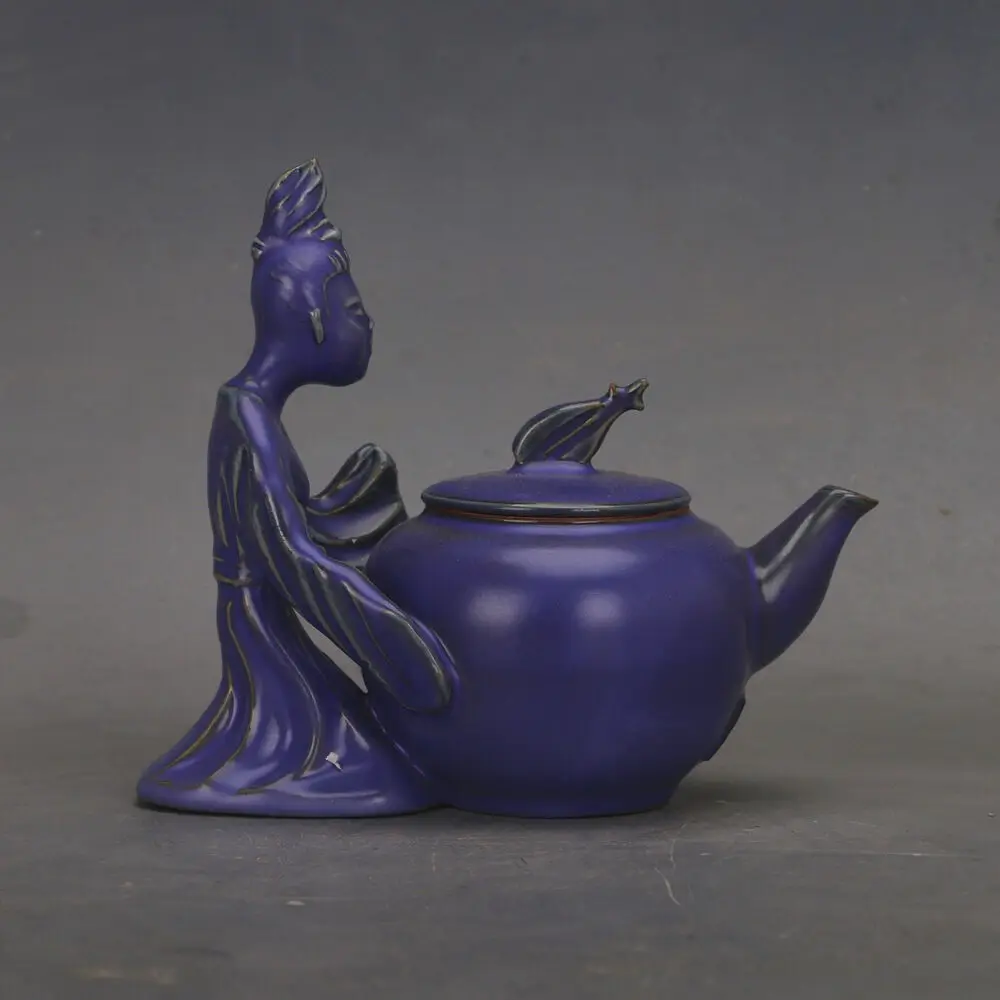 

6.1" Collect Chinese Song Porcelain Ru Kiln Violet Glaze Man Servant Teapot