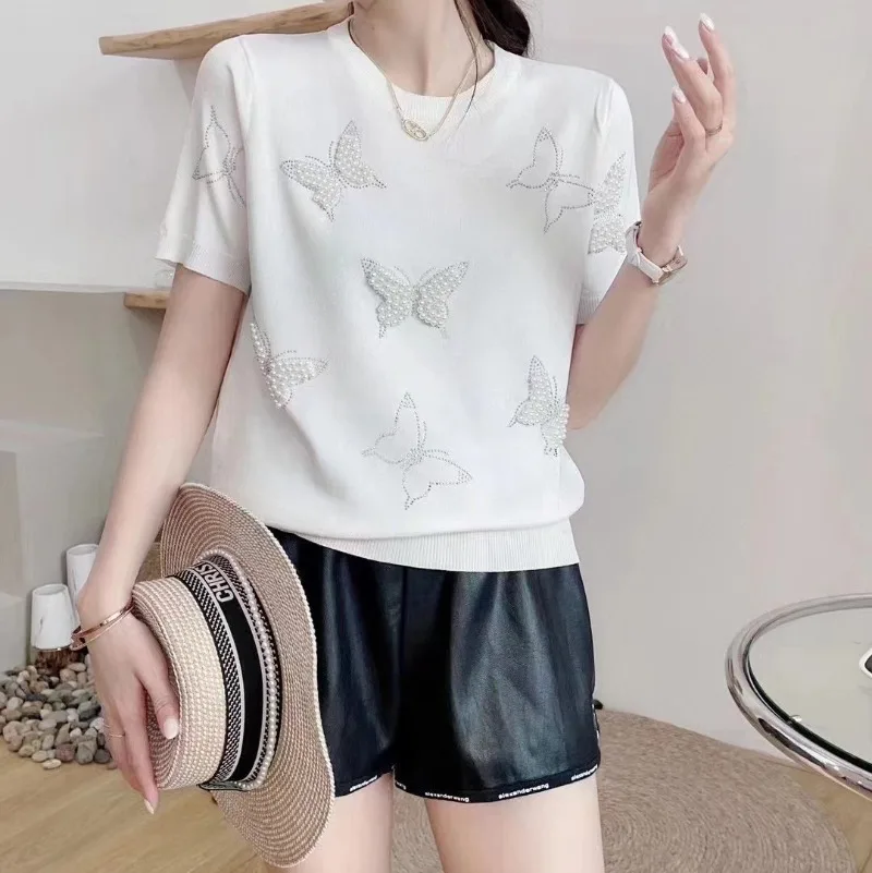 New Summer Tops Women Ice Silk Knitted Beading Butterfly O-neck Short Sleeve Casual Pullover Sweater Jumper Korean Fashion Y2k