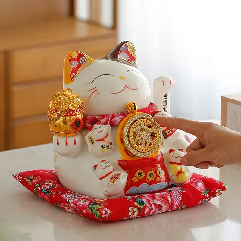 9 Inch Ceramic Beckoning Cat Maneki Neko Ornament Feng Shui Decoration Swing Lucky Fortune Cat Battery / USB Powered