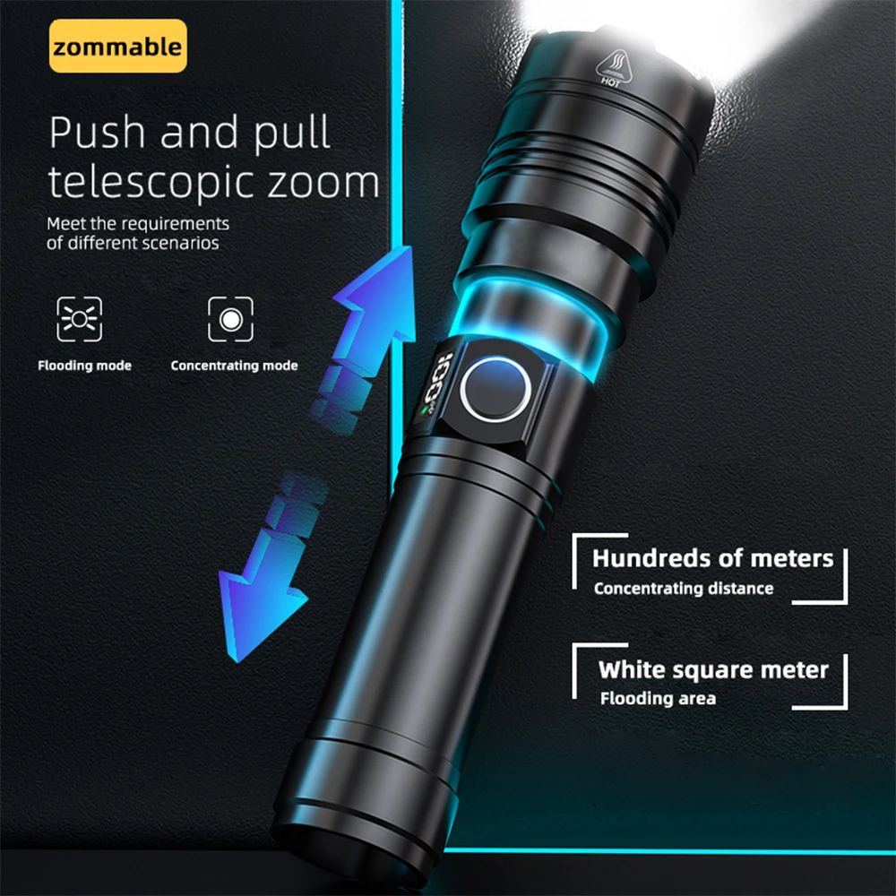 Torcia tattica con zoom tattico luminoso per esterni Torcia a LED USB ricaricabile Luce forte Batteria a lunga durata Impermeabile a lunga distanza