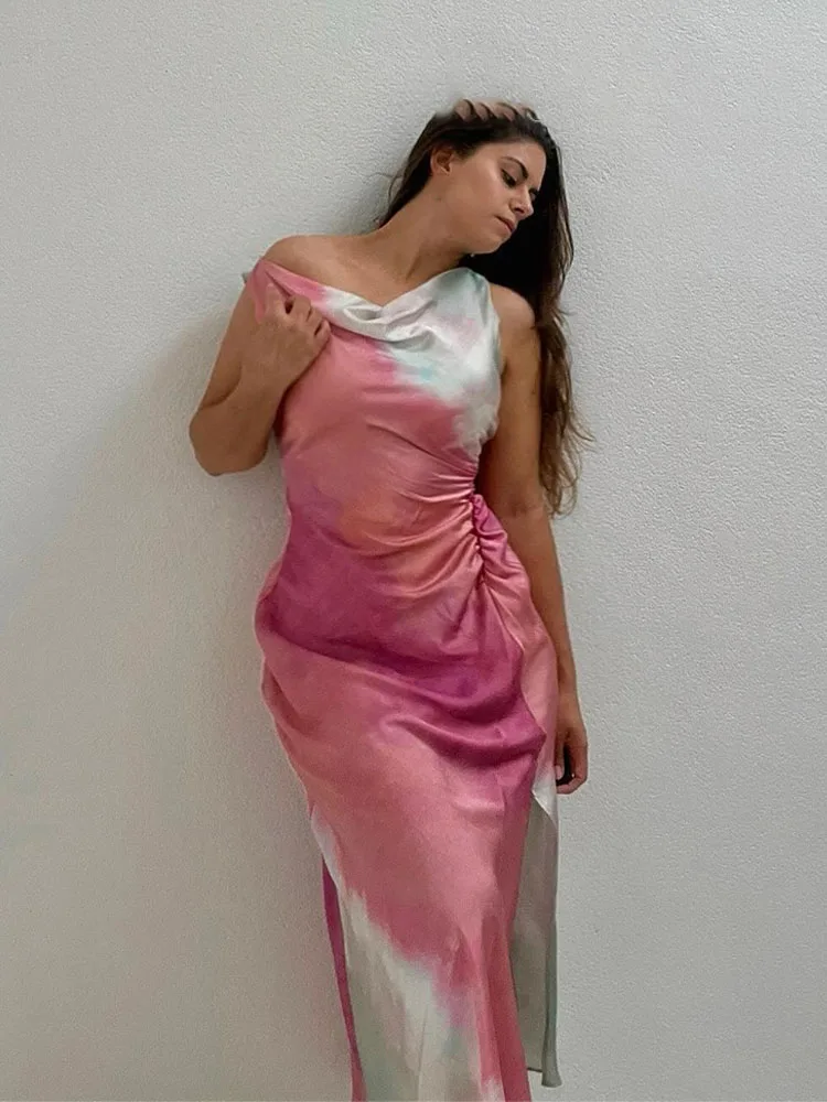 Hh feminino novo chique elegante cetim impressão tie dye midi vestido mulher moda noite sem mangas bainha dobras vestidos