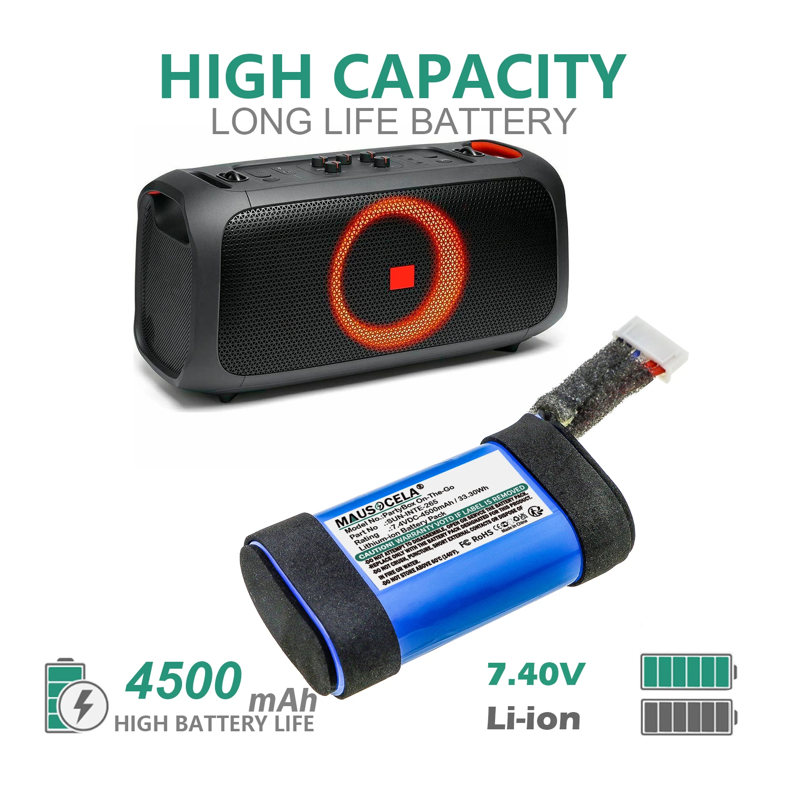 

4500mAh Speaker Battery For JBL:SUN-INTE-265，PartyBox On-The-Go，+Toolkit--Li-ion--7.40V--4500mAh / 33.30Wh