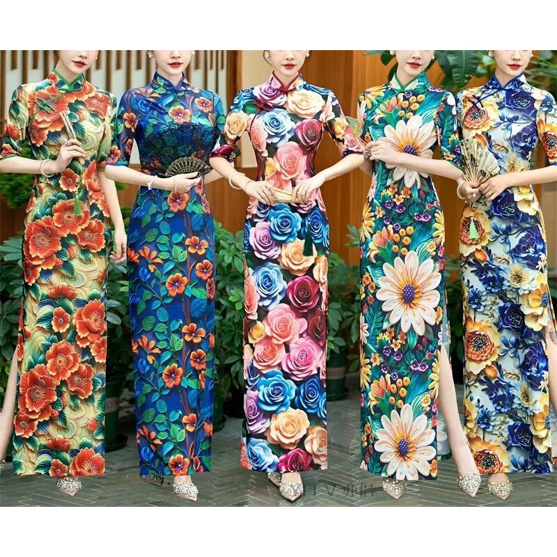 New Summer Long and Slimming Dress with Mid-sleeved Daily Wear and Modified Cheongsam with Three-dimensional Printing Catwalk
