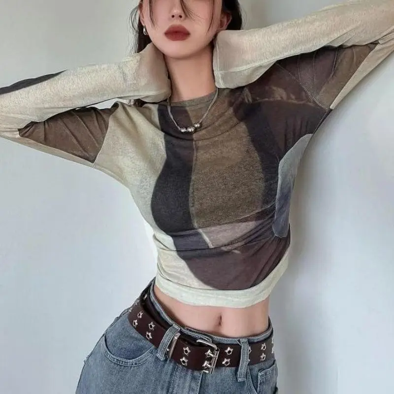 Polyester Women's Long-Sleeve Sun-Protecting T-Shirt Contrast Snub-Dye Round Neck Pullover Slim-Fit Mesh Short Women's T Shirt