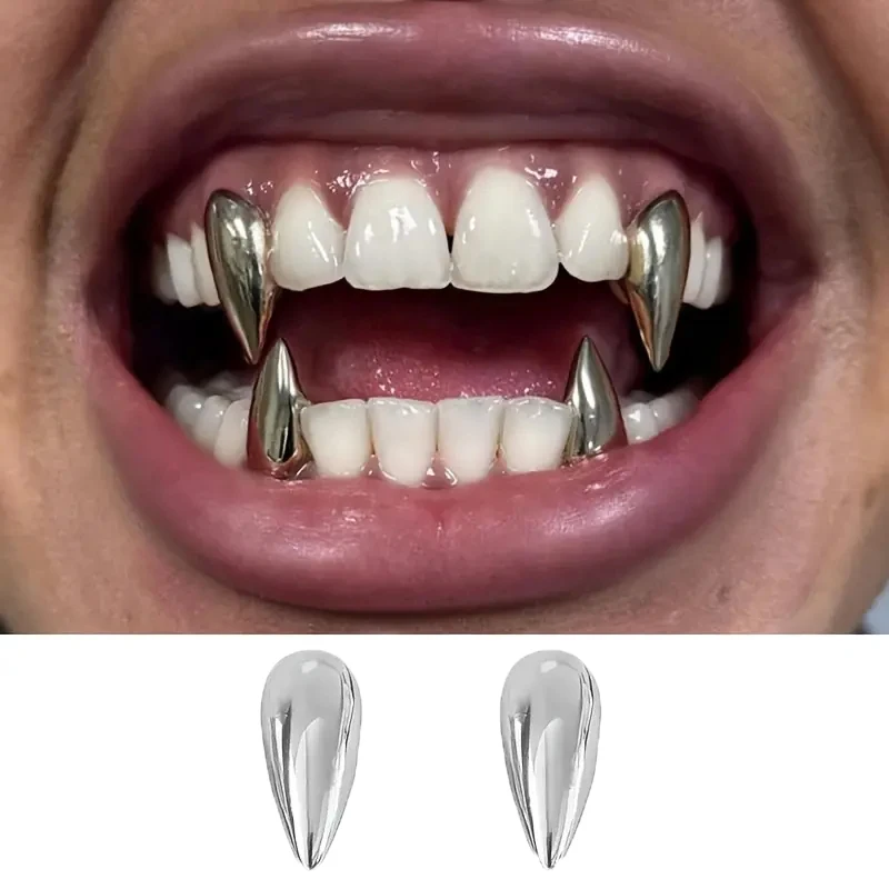 2 colmillos dorados y plateados brillantes de 19 mm, adecuados tanto para hombres como para mujeres, perfectos para Halloween, Navidad y uso diario.
