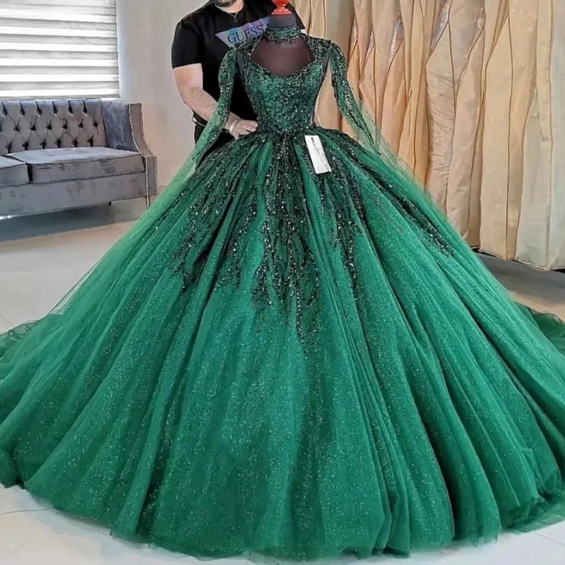 

Real Picture Arabic Muslim Green Prom Dresses Long Sleeve Sequined Puffy Skirt Women Pageant Evening Gown Quinceanera Vestido Vx