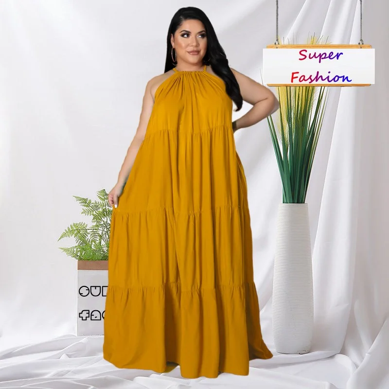 

WSFEC L-4XL Plus Size Dresses for Women Clothing 2023 Spring Summer Simple Halter Sleeveless Loose Beach Sexy Maxi Dress Outfits