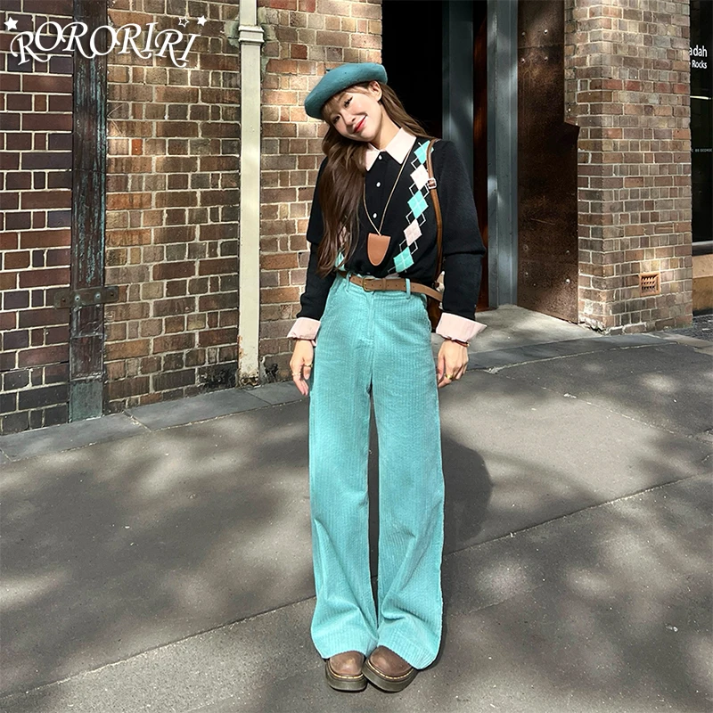 RORIRI سروال قصير نسائي عالي الخصر بنطال ذو قصة أرجل واسعة للخريف فضفاض مستقيم الساق بنطلون أزرق ملكي مخملي مقاس كبير مناسب