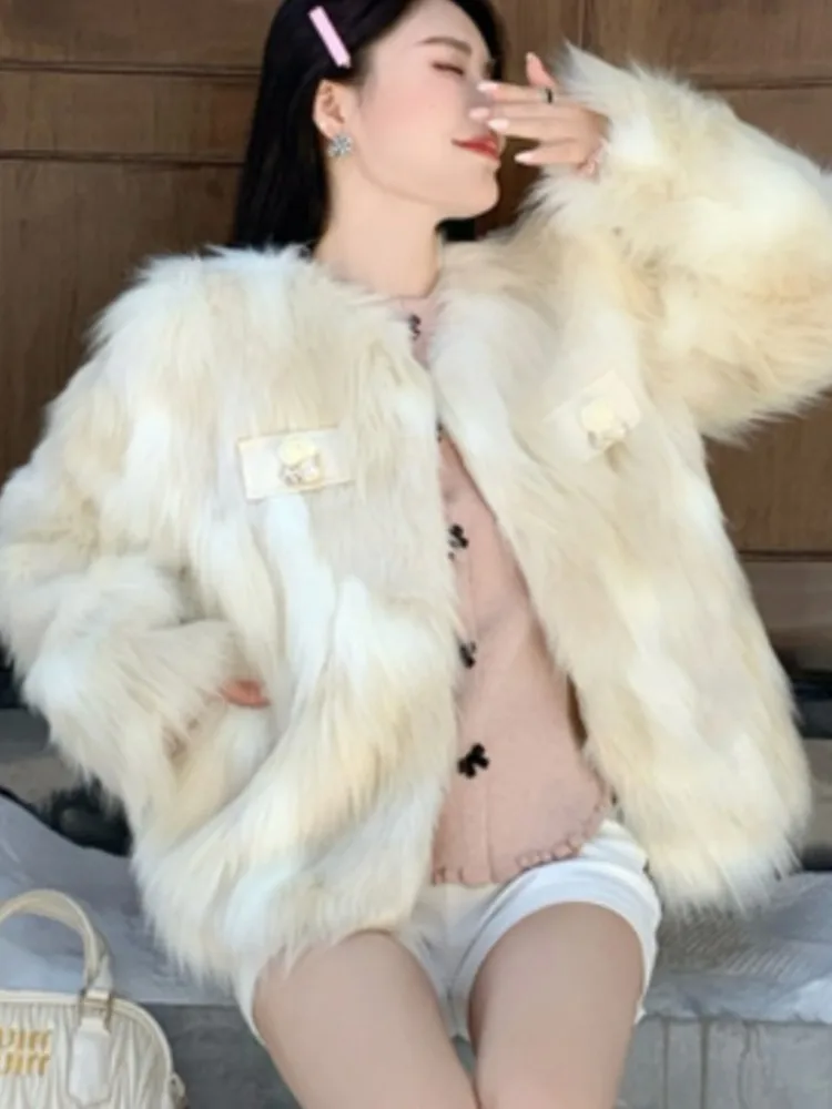 Manteaux élégants en fausse fourrure pour femme, manteau court à manches longues et col rond, mode coréenne Chic, vestes d'affaires, nouvelle collection automne et hiver