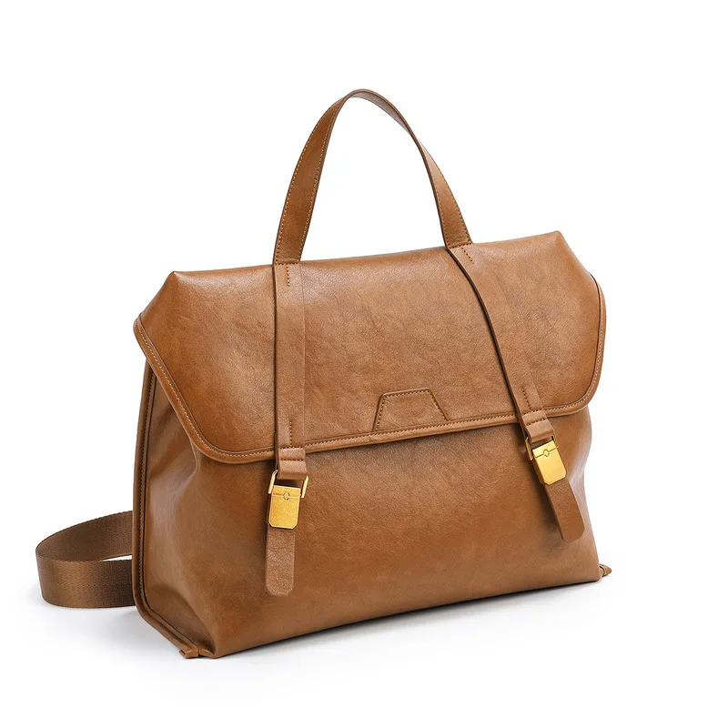 100% genuine leather Vintage Style Handbag Large Capacity Satchel for Work、Retro Gold Buckle Shoulder Bag、Minimalist Commuter
