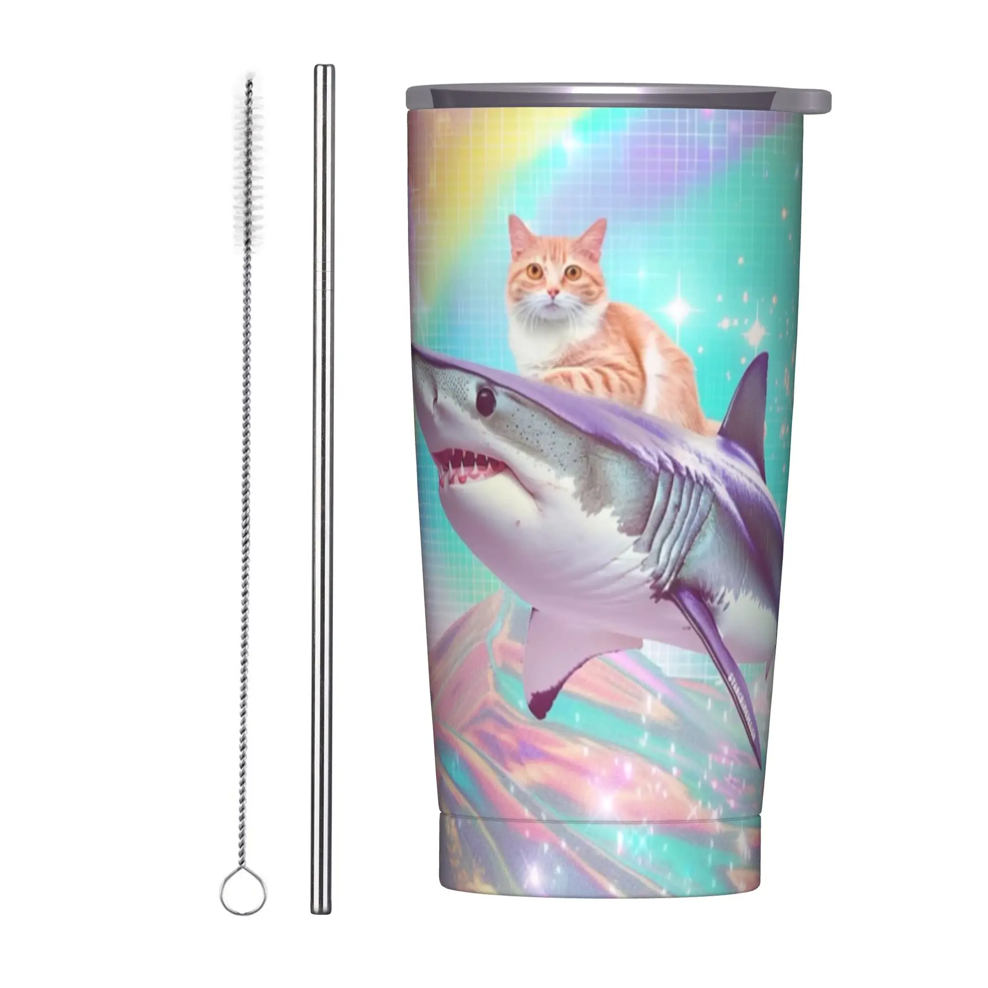 Cat Riding A Shark Frutiger Aero Tumbler Vacuum Insulated  Coffee Cups Vacuum Flask Double Wall Mug Hot Cold Drink, 20oz