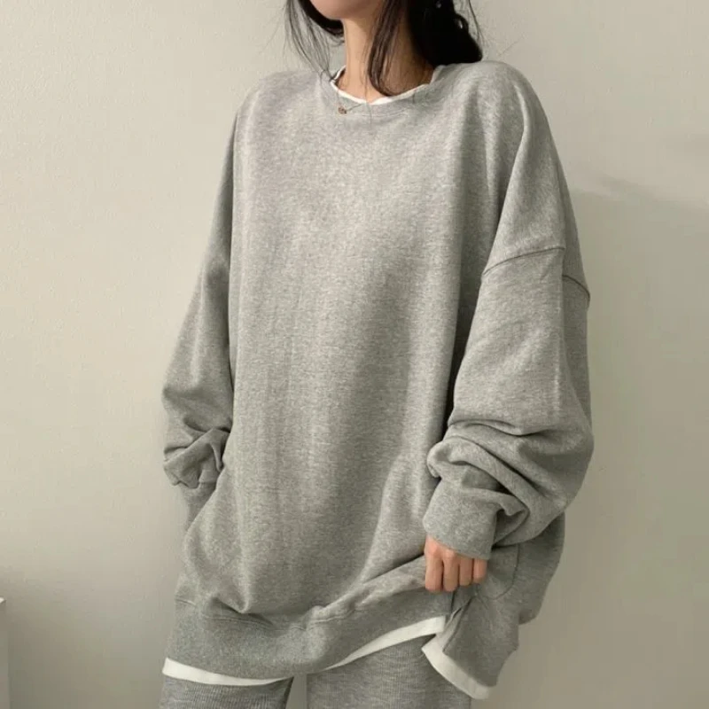 Spring Autumn Long Sleeve Loose Contrast Fake Two Pieces Pullovers Top Casual Solid Youth Hoodies Korean Fashion Women Clothing