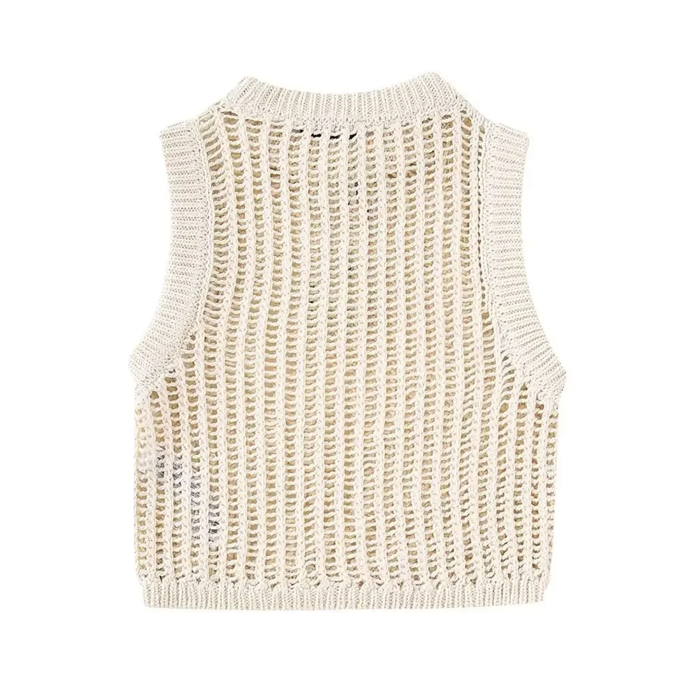 2023 TRAF Women Open Knit Crop Vest Sweater Vintage O Neck Sleeveless Female Waistcoat Chic Tops Fashion Harajuku Casual Clothes