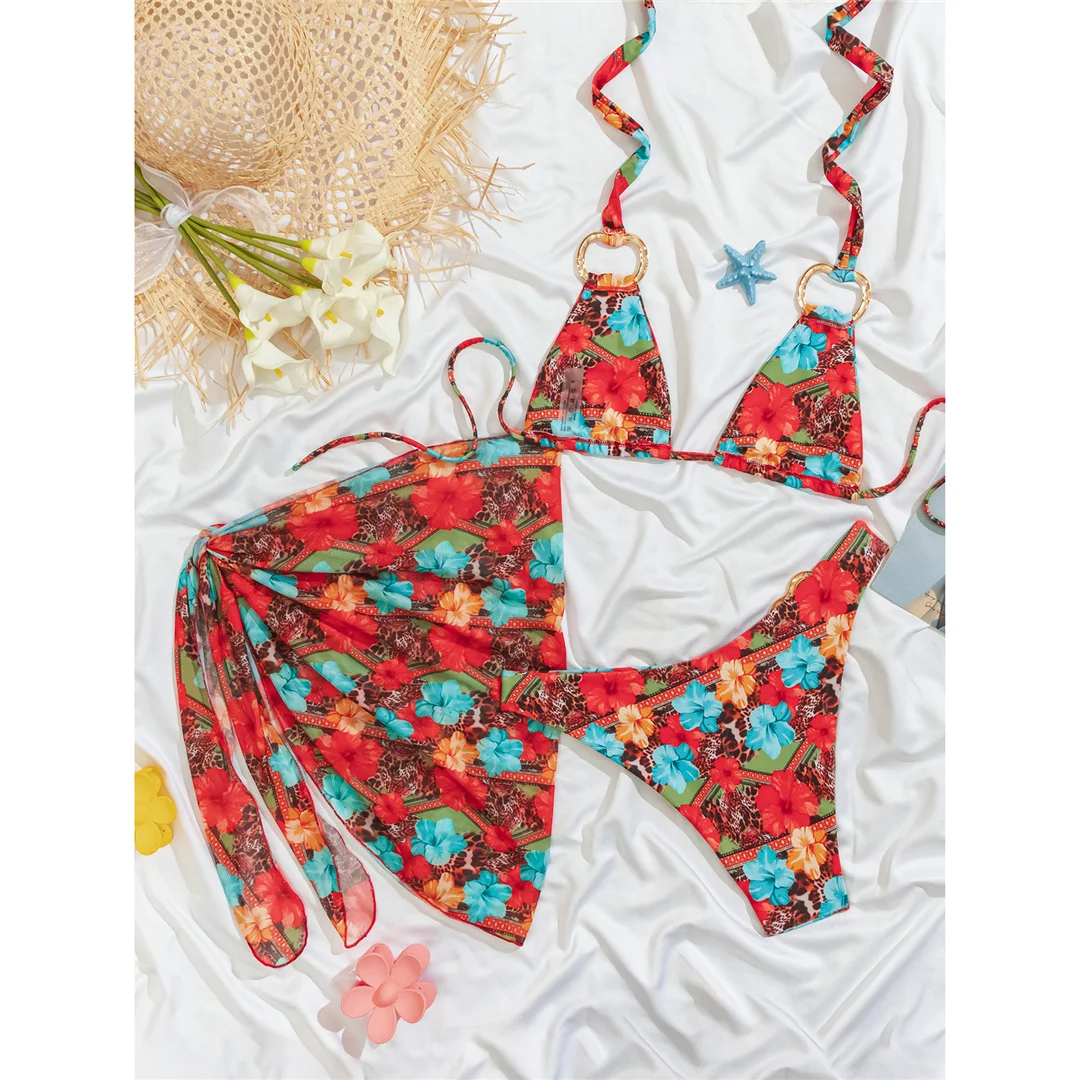 Mit Sarong-Blumenmuster, Neckholder-Bikini, Damen-Badeanzug, dreiteiliges Bikini-Set, Badebekleidung, Badeanzug, Schwimmanzug V7786 – Detail 7