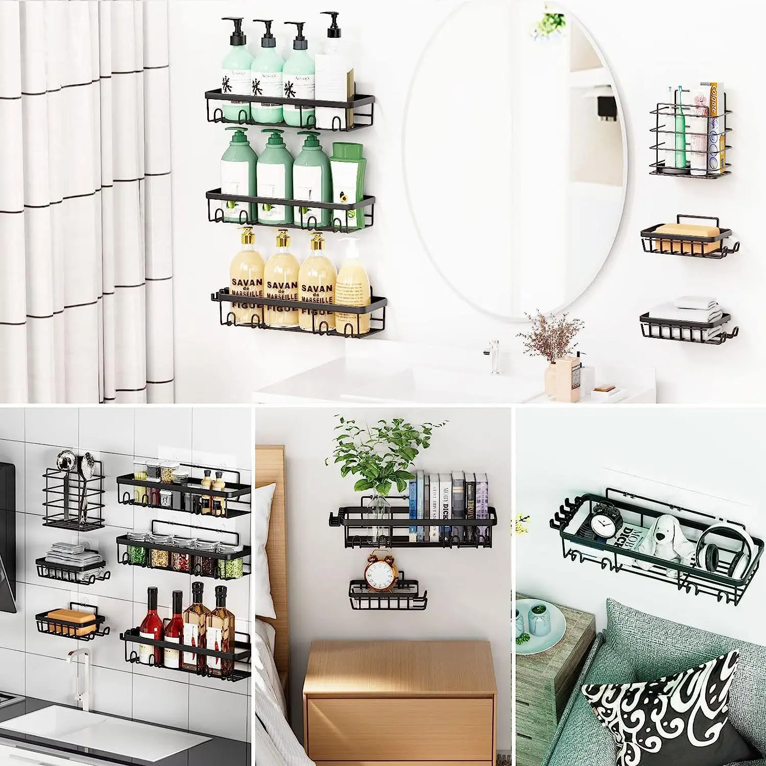 Stainless No Drilling Shower Shelves, Kitchen Bathroom Organizer, Cosmetic Holder, Storage Accessories with Hooks