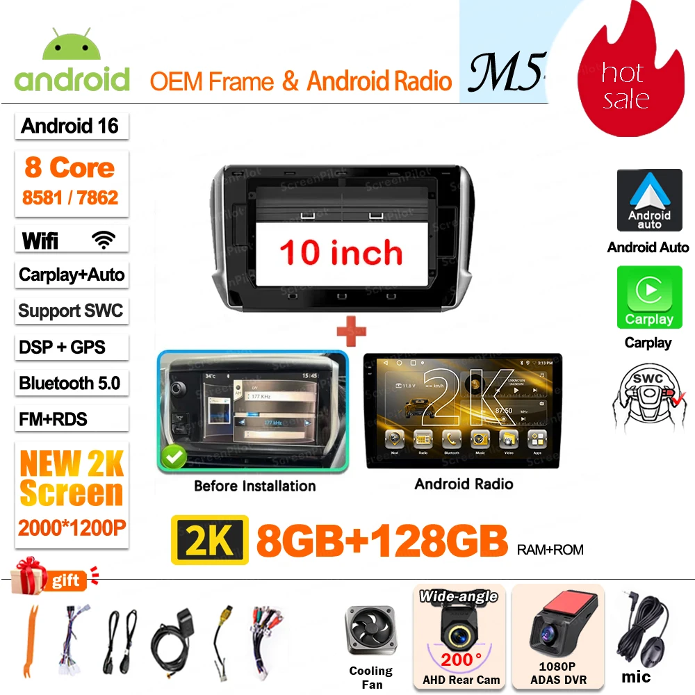 Autoradio Multimedia Speler Voor Peugeot 2008 208 2014-2018 Draadloze CarPlay Android 16 Auto Intelligente Systemen Autoraido gereedschap