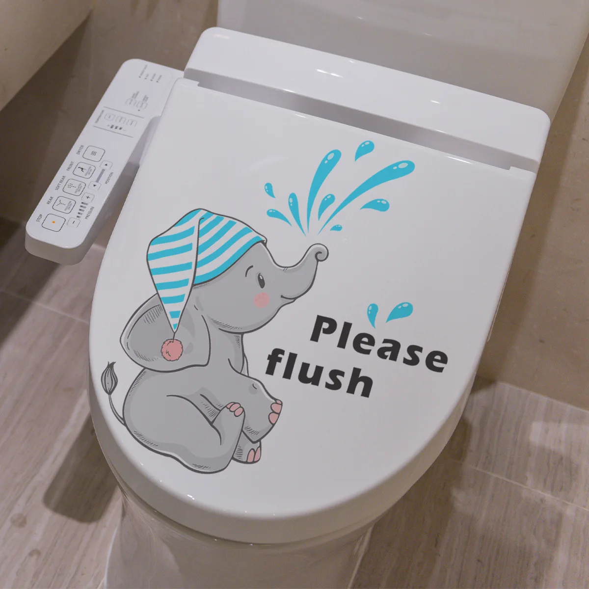 Cartoon Baby Elephant Please Flush Wall Sticker Bathroom Toilet Decor Decals Self-adhesive Room Home Decoration