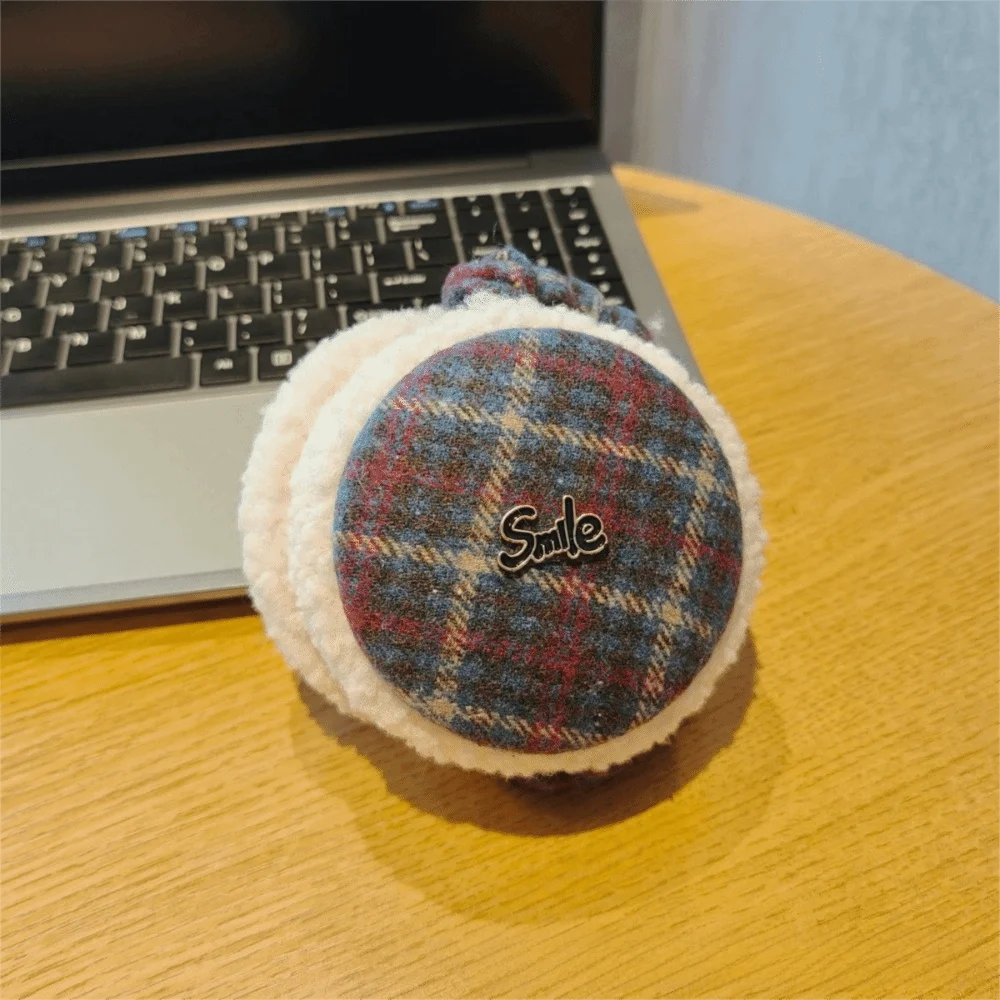 ファッションレトロチェック柄冬イヤーマフ折りたたみ式防寒イヤーウォーマーレターラベル厚い折りたたみイヤーマフ男性用