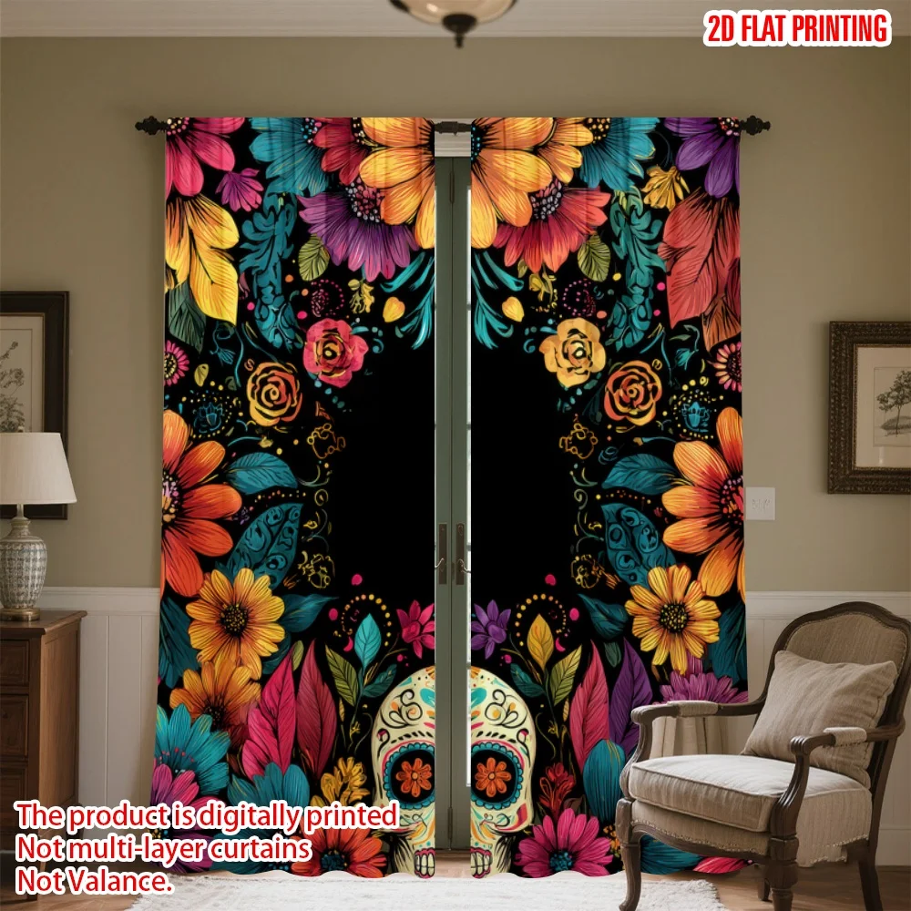 

2D flat printing 2pcs Curtains Day of the Dead Flowers Digital Printed Polyester Drapes Family Party Perfect for Event