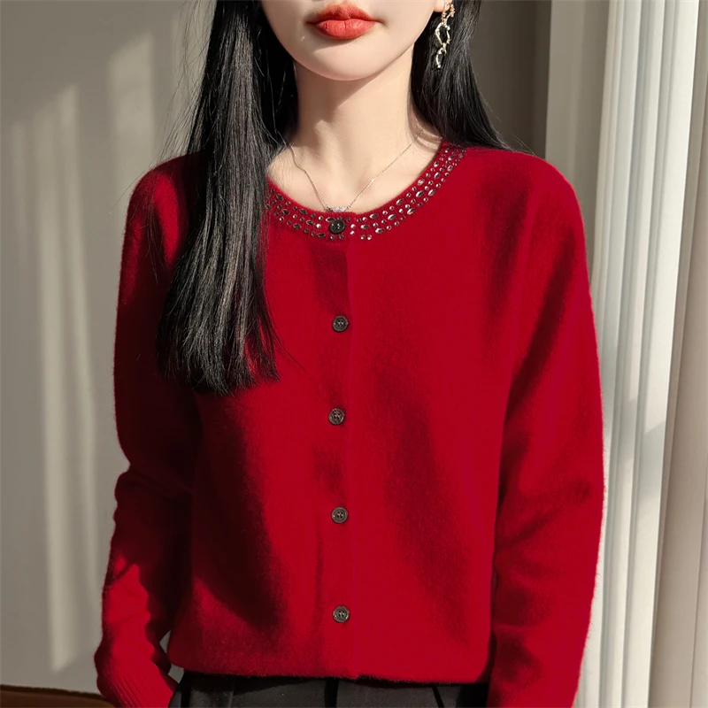 New Worsted Spring And Autumn Women Cardigan Round Neck Knitwear Solid Color Fashion High-grade Knitwear-ZD3042