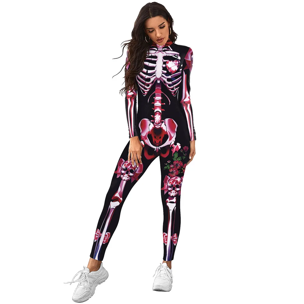 IOOTIANY The Party Series Cosplay Bow Skeleton Print Jumpsuit  Long Sleeve Sexy Women Skinny Jumpsuit Elastic Bodysuits