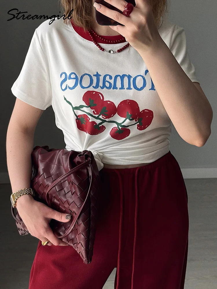 Summer Women T Shirts Graphic Slim Fitted Tomatoes Printed Top Tees For Woman Short Sleeve Color Blocked O Neck T-shirt Ladies