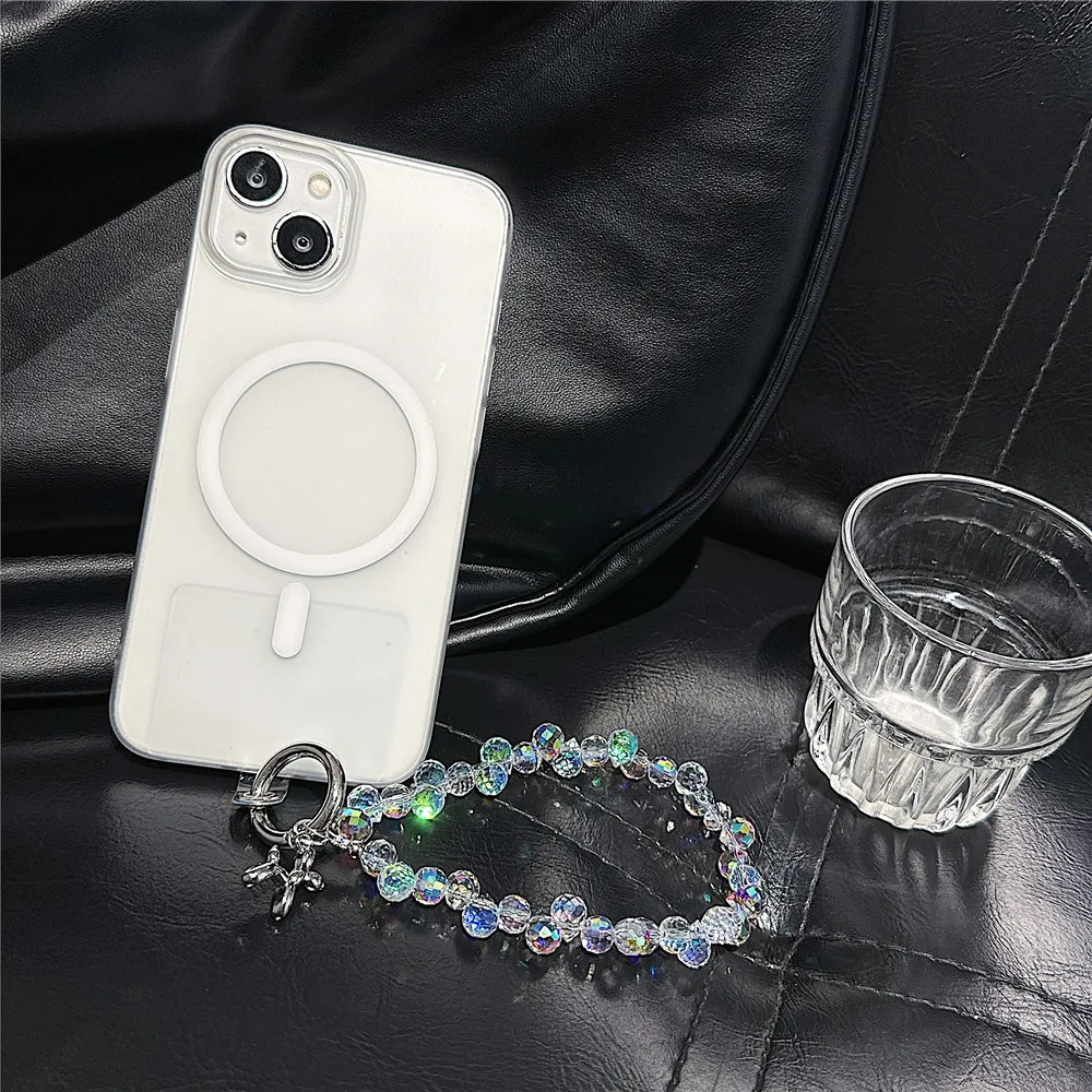 Luxury Colorful Laser Crystal Bead Phone Bracelet Strap Charm Chain Knot Cellphone Lanyard Keychain Bag Camera keychain Pend