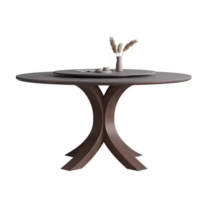 Italian slate dining table household round with turntable, modern simple walnut inlaid matte Nordic solid wood round table