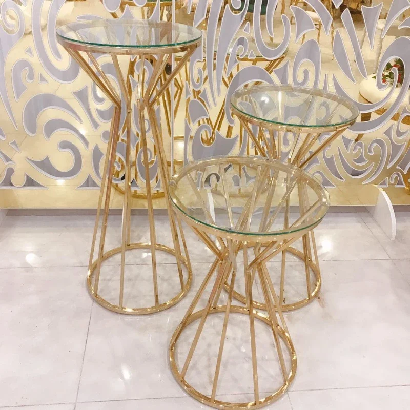 Decoration Multiple Sizes Gold Stainless Steel Glass Top Flower Stand Metal Cake Table Wedding Plinths for Event Used