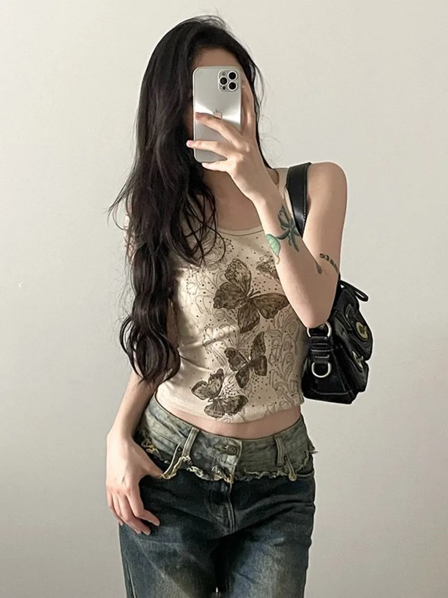 Summer Butterfly Print Tank Tops Women Racerback Vest Trendy Spicy Girl Slim Pit Striped Sleeveless Sling Lady's Clothes