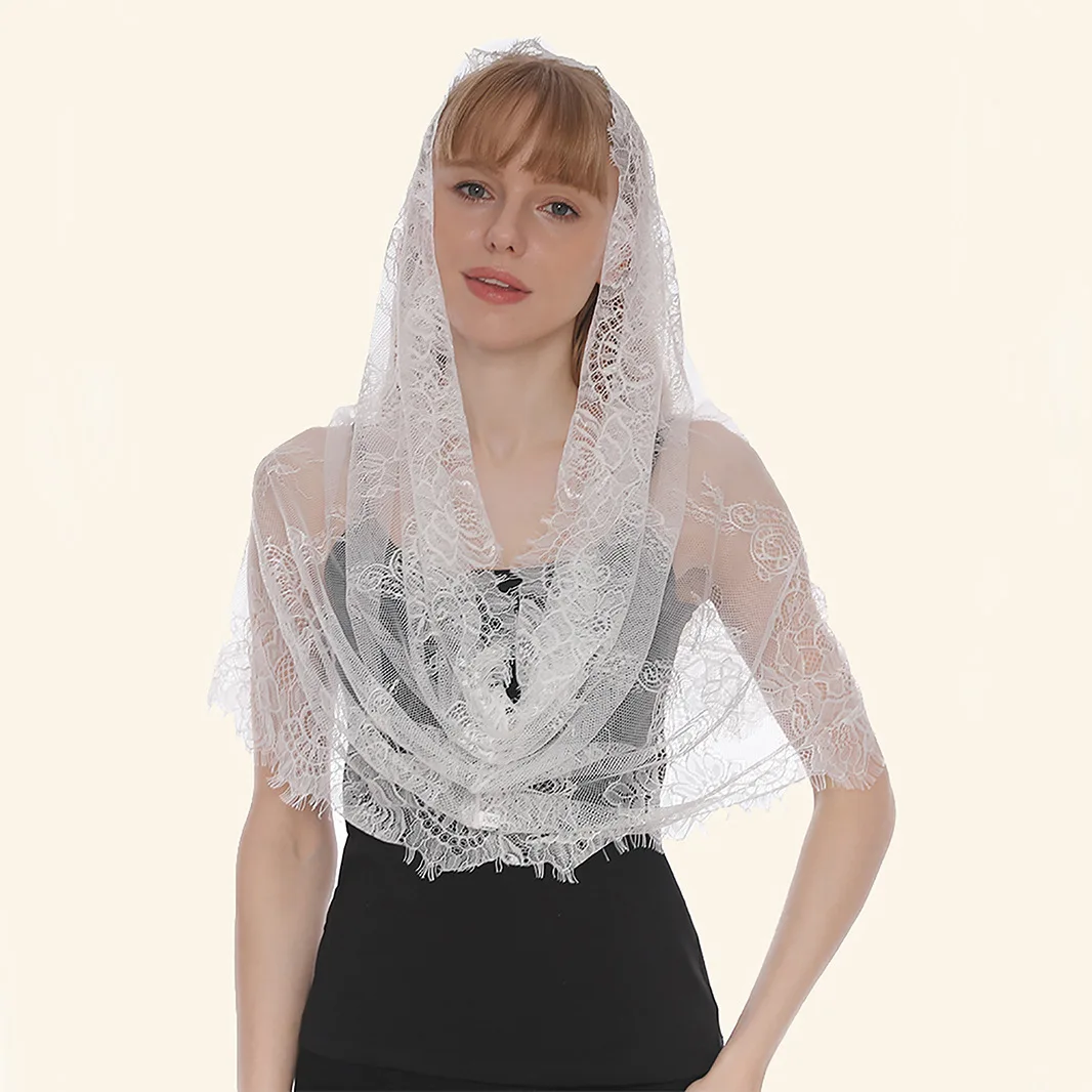 Black White Solid Color Eyelash Edge Circular Headscarf Lace Breathable Scarf Shawl Clothing Accessories Gifts for Women