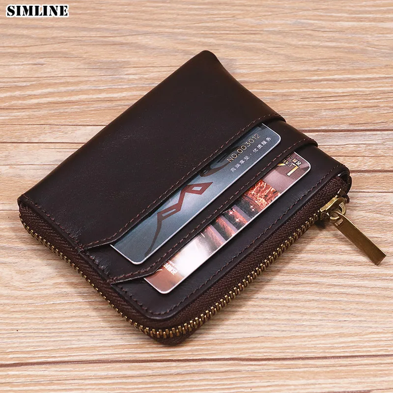 Genuine Leather Wallet For Men Original Cowhide Vintage Short Zipper Men's Purse With Card Holder Coin Pocket Key Airtag Slot