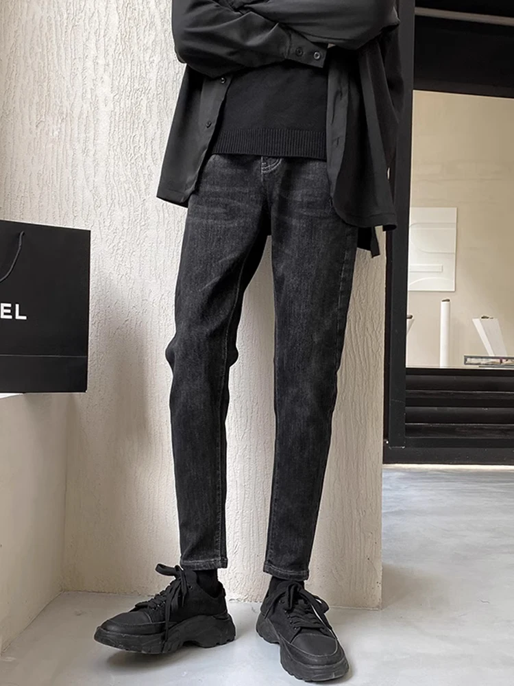 Slim Fit Black Elastic Denim Jeans Men's Straight Leg Casual Nine Point Pants Autumn Trendy Casual Small Foot Pants