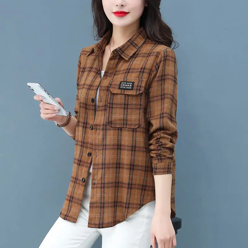 Women\'s Autumn Fashion Simplicity Plaid Polo Collar Long Sleeve Shirts Women Clothes Casual All-match Temperament Loose Tops