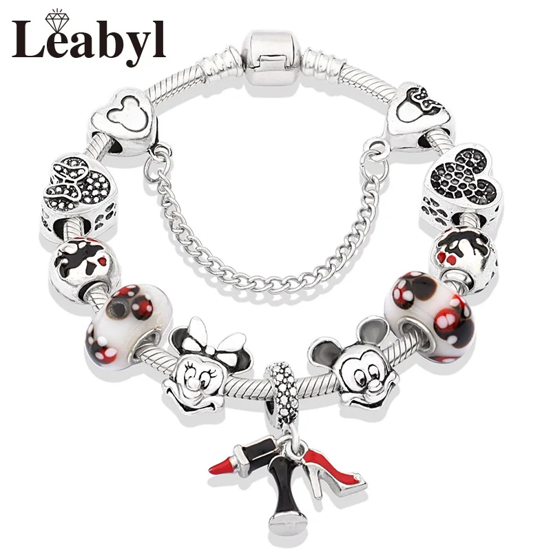 Leabyl Classic Red Enamel Skirt High Heel Lipstick Pendant Charm Bracelets Mix Style Mickey Minnie Bead Jewelry Cartoon Bracelet