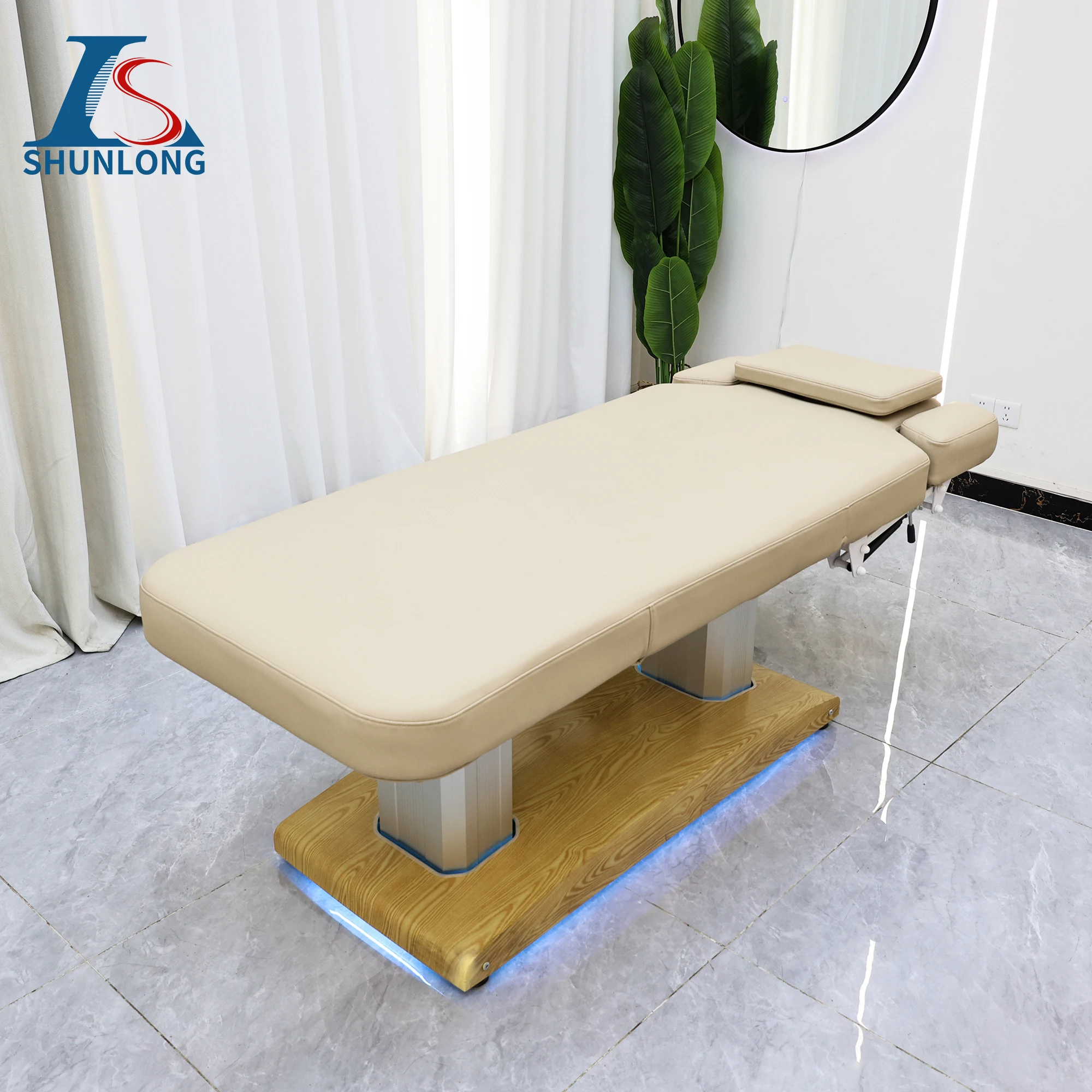 Electric Massage Facial Bed Beige PU Wood Grain Base Double Aluminum Column Lift LED Ambient Light Reclining Beauty Table for Sp
