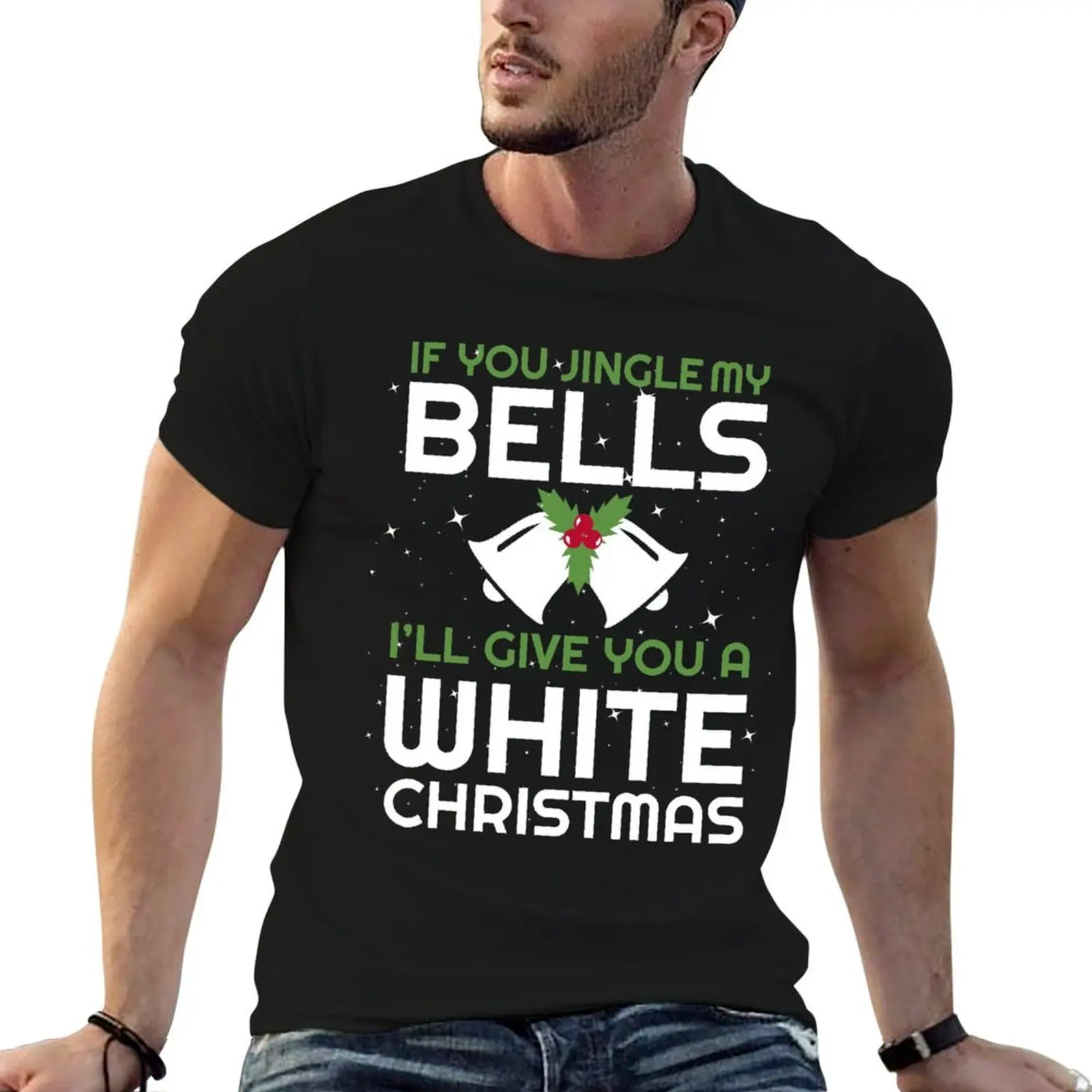Mens If You Jingle My Bell I'll Give You A White Christmas T-Shirt Large Size Loose Casual Tee