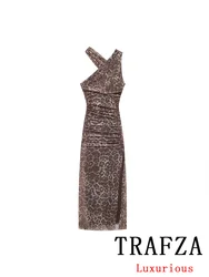 TRAFZA Sexy Leopard Print Chic Women Dress V-Neck Halter Straight Long Dress New Fashion 2024 Autumn Women Sheath Party Dress