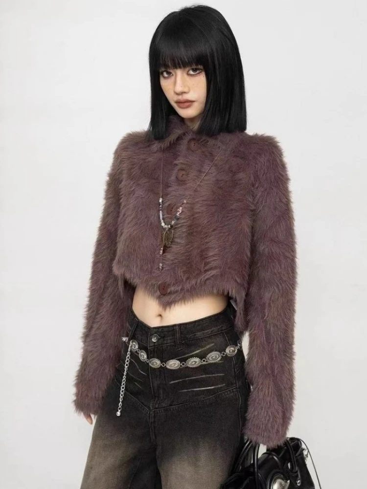 

Y2k Эстетический меховой отложной воротник Укороченный кардиган Уличная одежда Нерегулярные винтажные топы в стиле гранж ​ Однобортный свитер Харадзюку