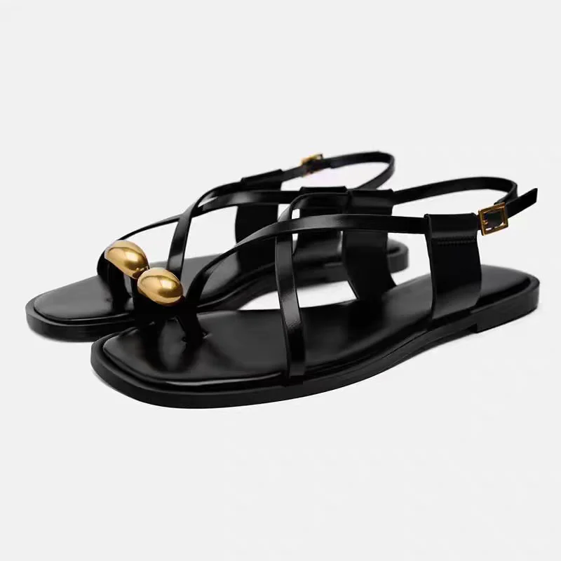 

Black Metal Decorated Flat Bottom Sandals Women's Summer New Style Roman Style Buckle Slip-On Casual Fashion Flat Sandals