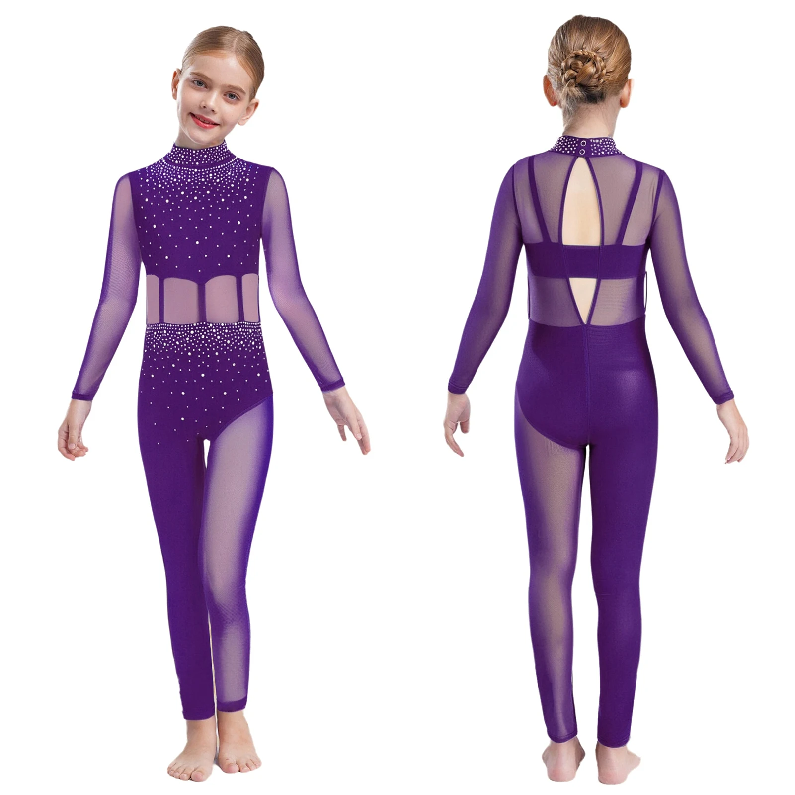 Kids Girls Lyrical Mesh Ballet Dance Performance Leotard Sheer Breathable Gymnastics Figure Skating Dance Competition Jumpsuits