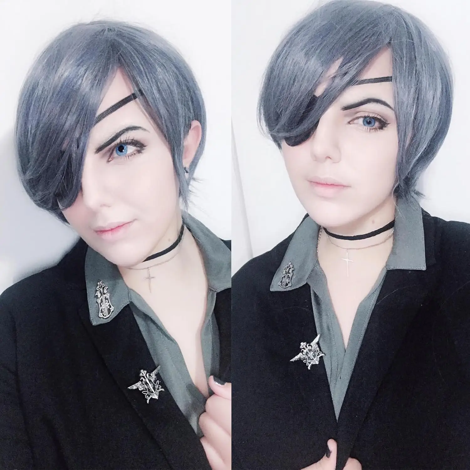 

Темно-синие парики для косплея, смешанные серые цвета, короткие прямые парики Ciel Phantomhive с подушечкой для глаз, костюм на Хэллоуин, вечерние синтетические волосы